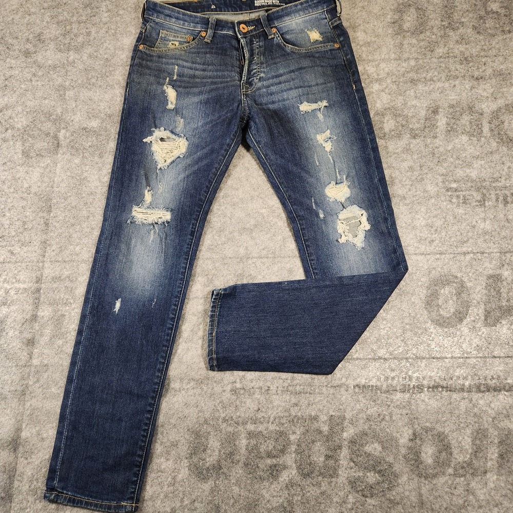 H&M Denim Jeans Men's Size 32/29 Skinny Ripped Dark Blue Low Rise button closure